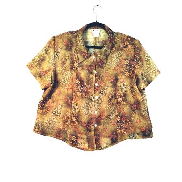 K Studio Blouse Women's 18 Short Sleeve Button Up Open Back Sheer Brown Florals - Picture 3 of 11